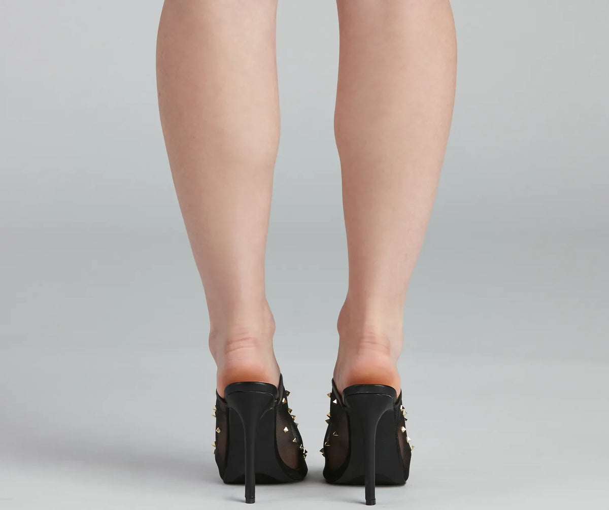 Edgy Stud Mesh Peep Toe Mules