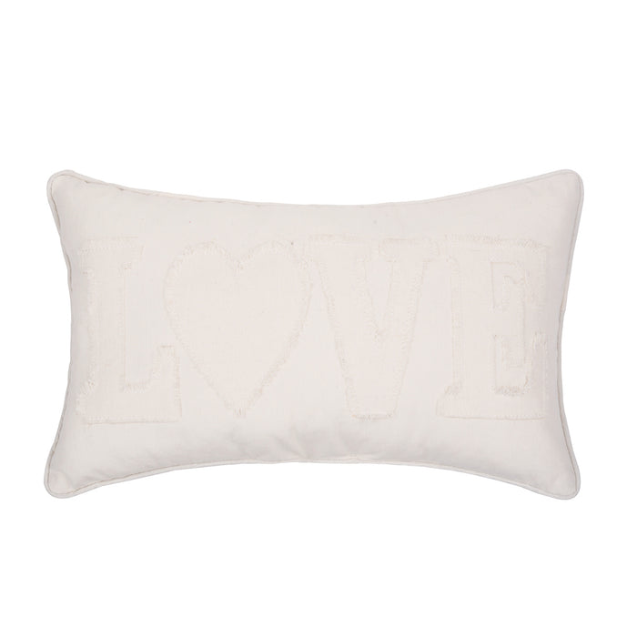 A 12in. x 20in. White Love Applique Pillow.