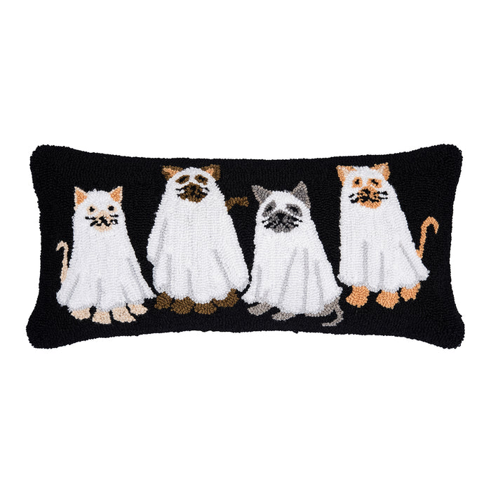 A 12in. x 24in. Ghost Cats Hooked Pillow.
