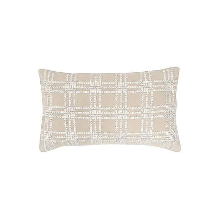 A 14in. x 22in. Sequin Grid Pillow.