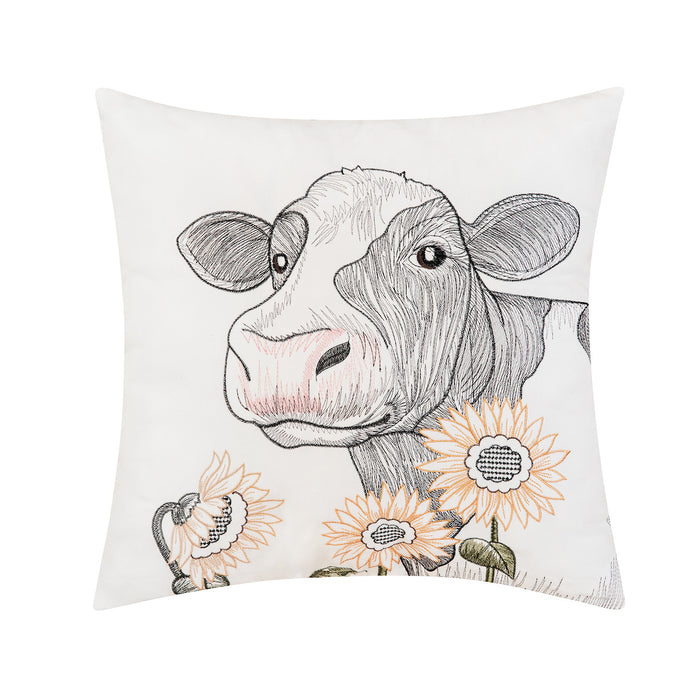 A 18in. x 18in. Happy Sunflower Cow Indoor Outdoor Pillow.