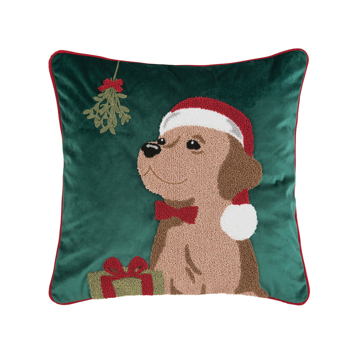 A 18in. x 18in. Mistletoe Puppy Pillow.