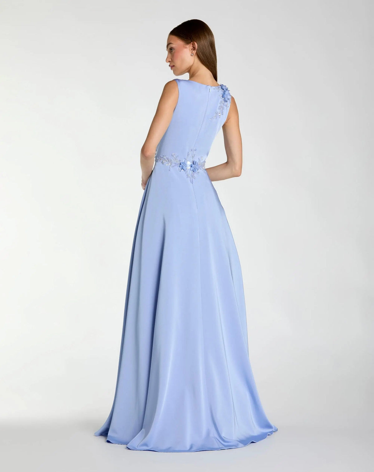Blue Floral Applique Sleeveless A Line Gown