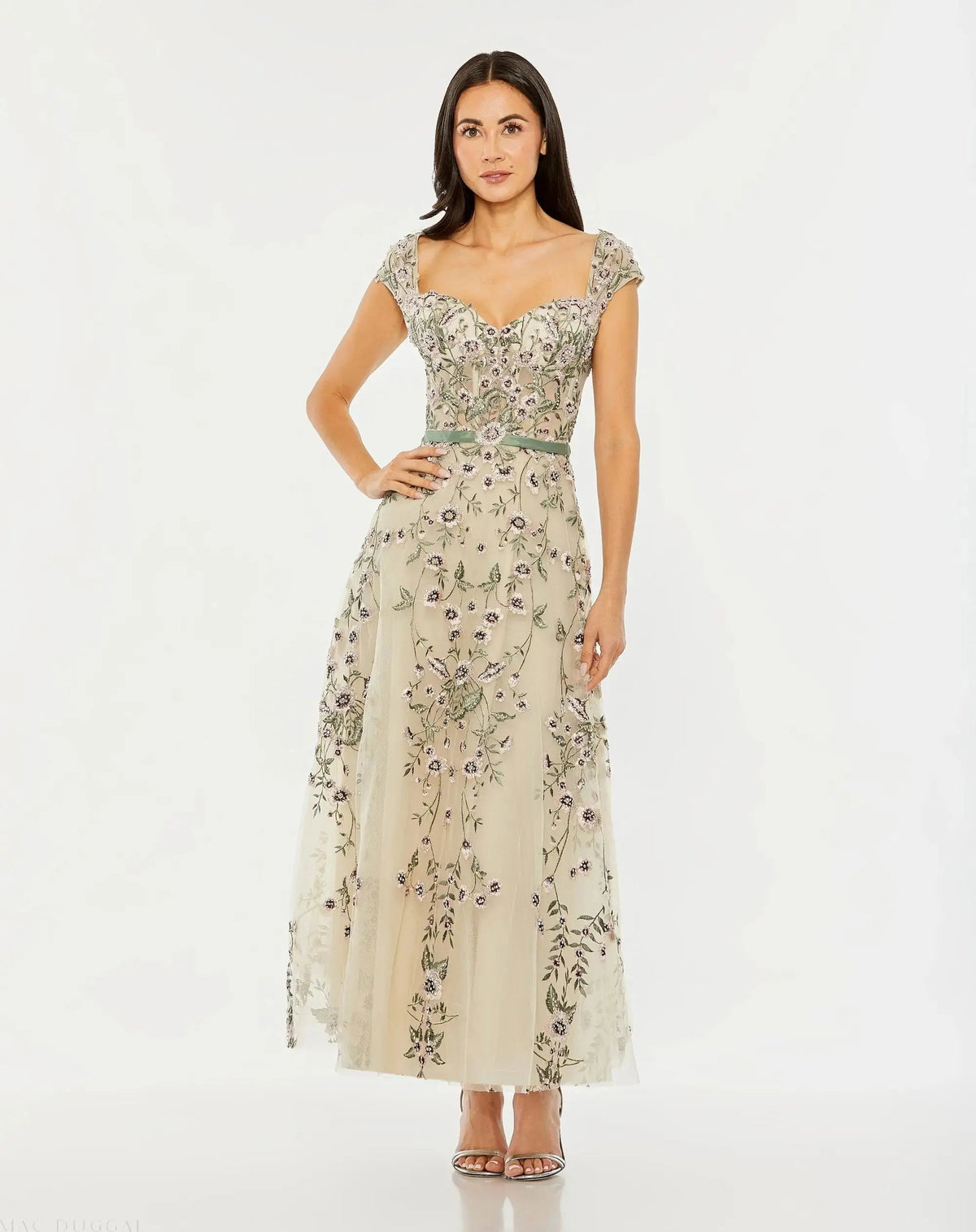 Floral Embroidered Sweetheart Neckline Midi Dress