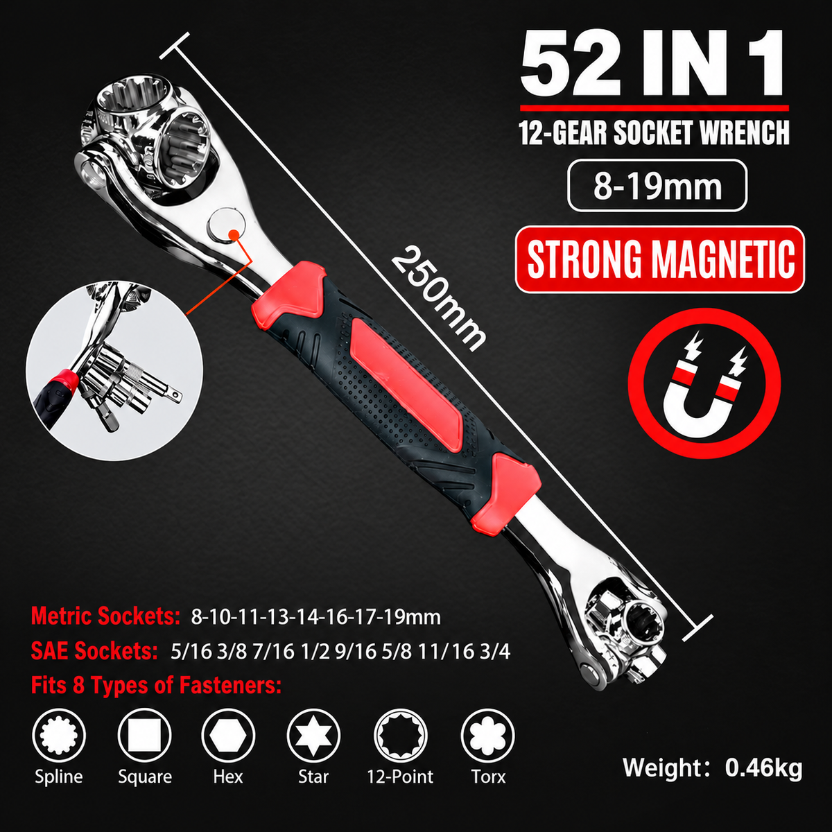 52-in-1 Universal Socket Wrench with 360° Rotating Heads – Multi-Size SAE & Metric Ratchet Tool for Auto, Home & DIY Repairs