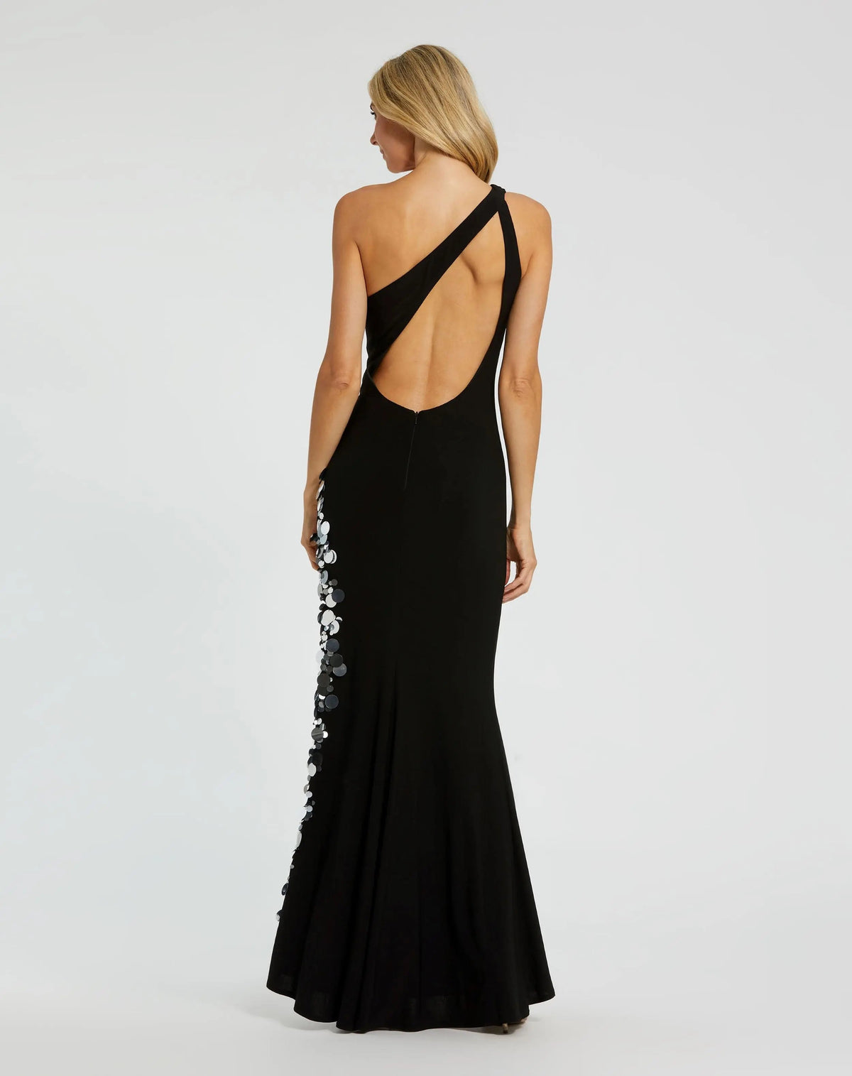 Black One Shoulder Keyhole Gown with Embellished Slit