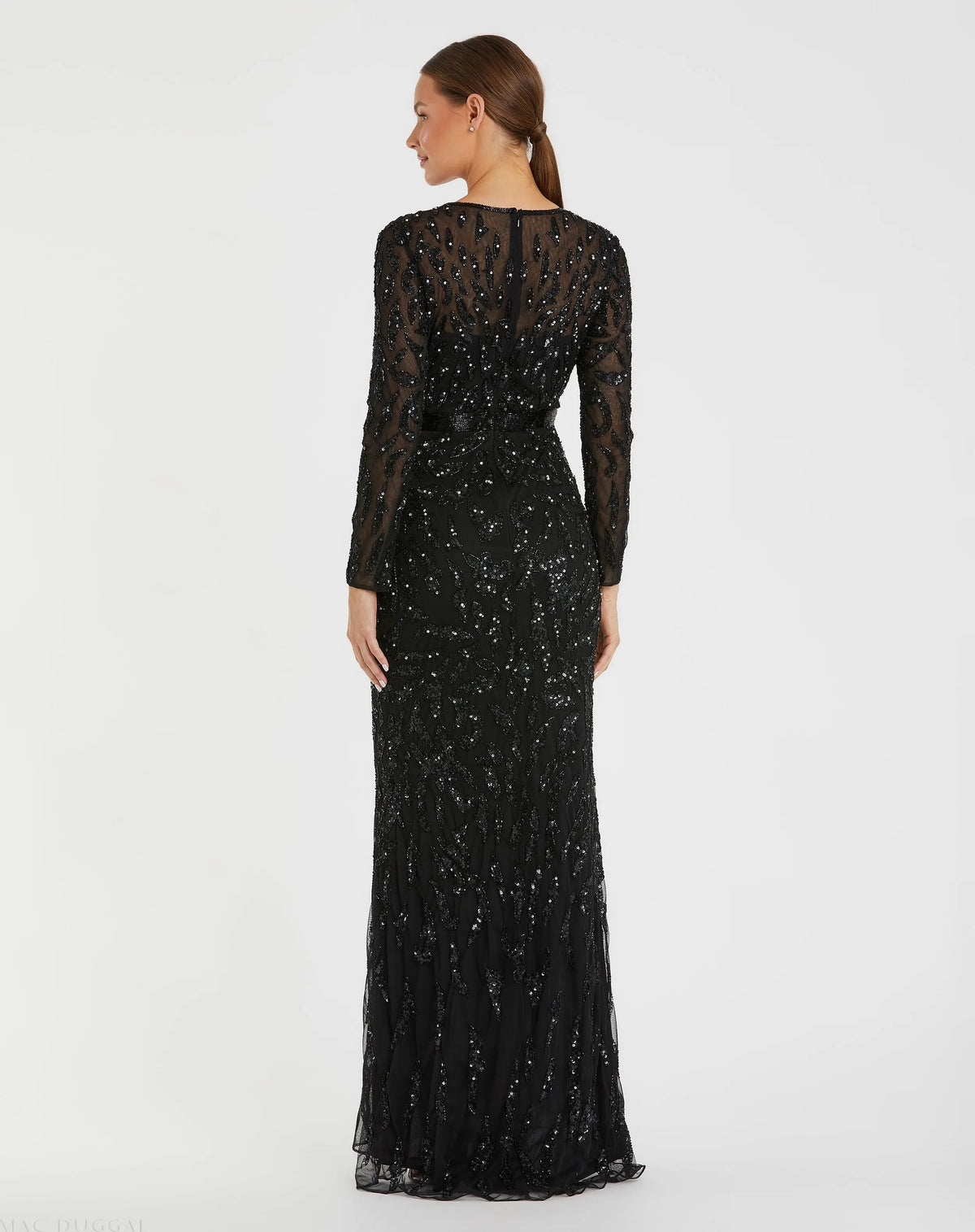 Black Long Sleeve Beaded Evening Gown