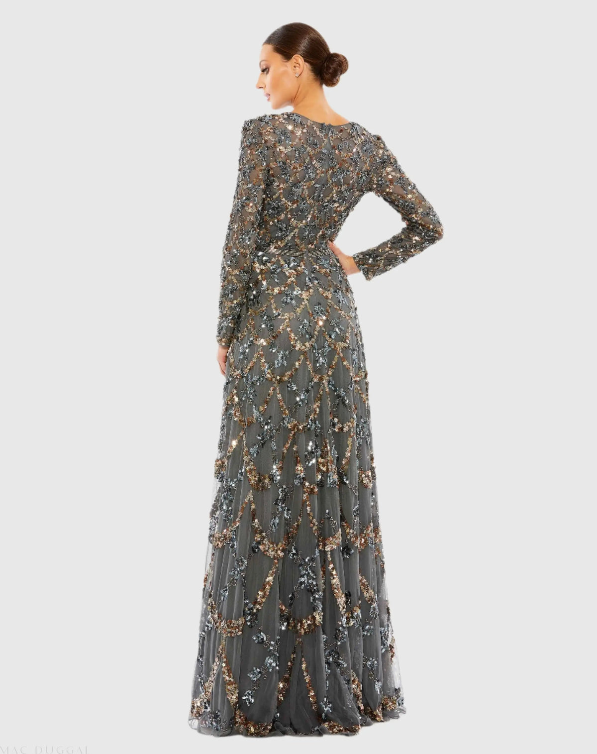 Gray Embellished Illusion High Neck Long Sleeve A Line Gown