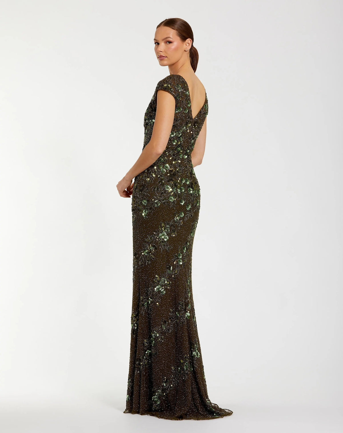 Green Floral Embellished Cap Sleeve Column Gown
