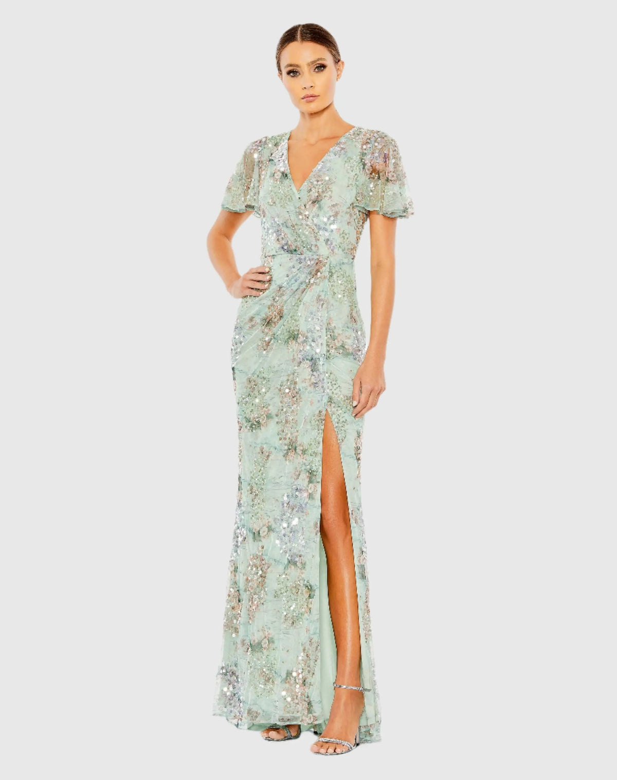 Flutter Sleeve Embellished Evening Gown