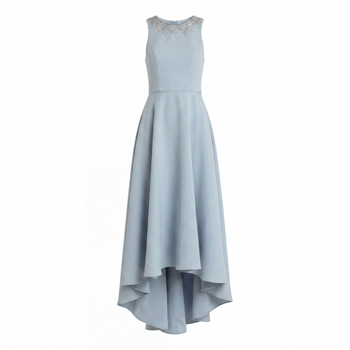 Blue Crepe Embellished Neck High Low Gown
