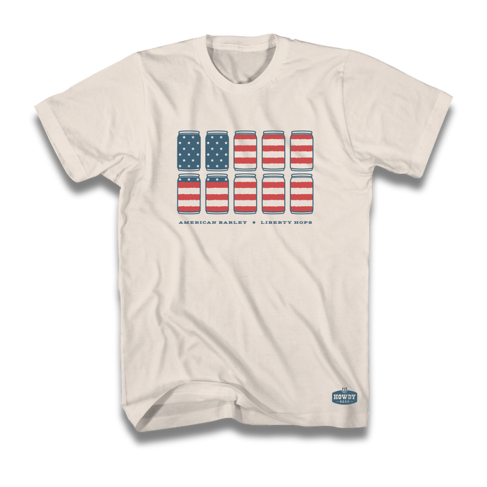 American flag tee with beer cans