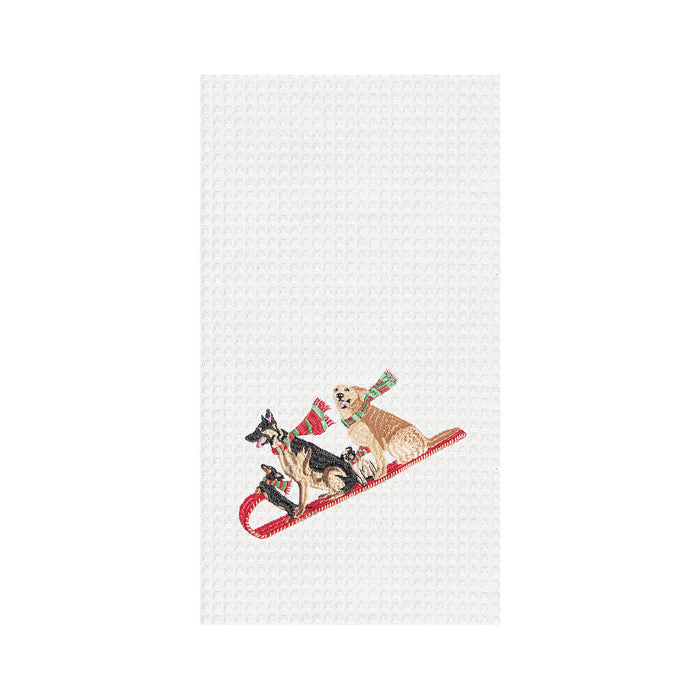A Dogs Tobogganing Waffle Weave Kitchen Towel.