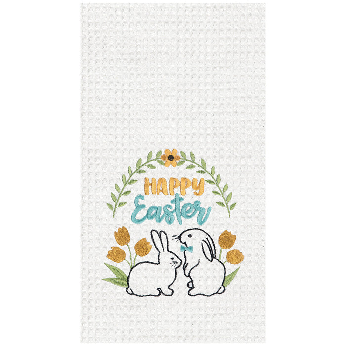 A Happy Easter Bunnies Waffle Weave Kitchen Towel.