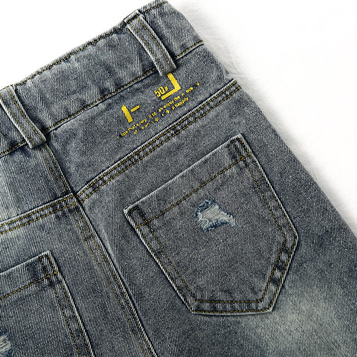 Letters Oil Paint Decor Elastic Band Inside Ripped Water Washed Jeans