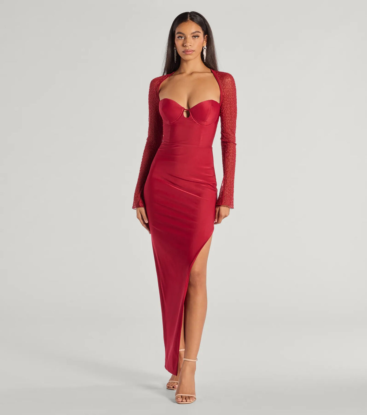 Wren Beaded Long Sleeve High Slit Column Dress