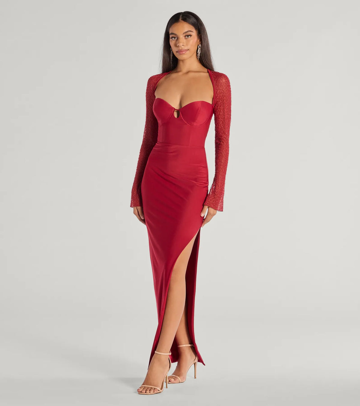 Wren Beaded Long Sleeve High Slit Column Dress