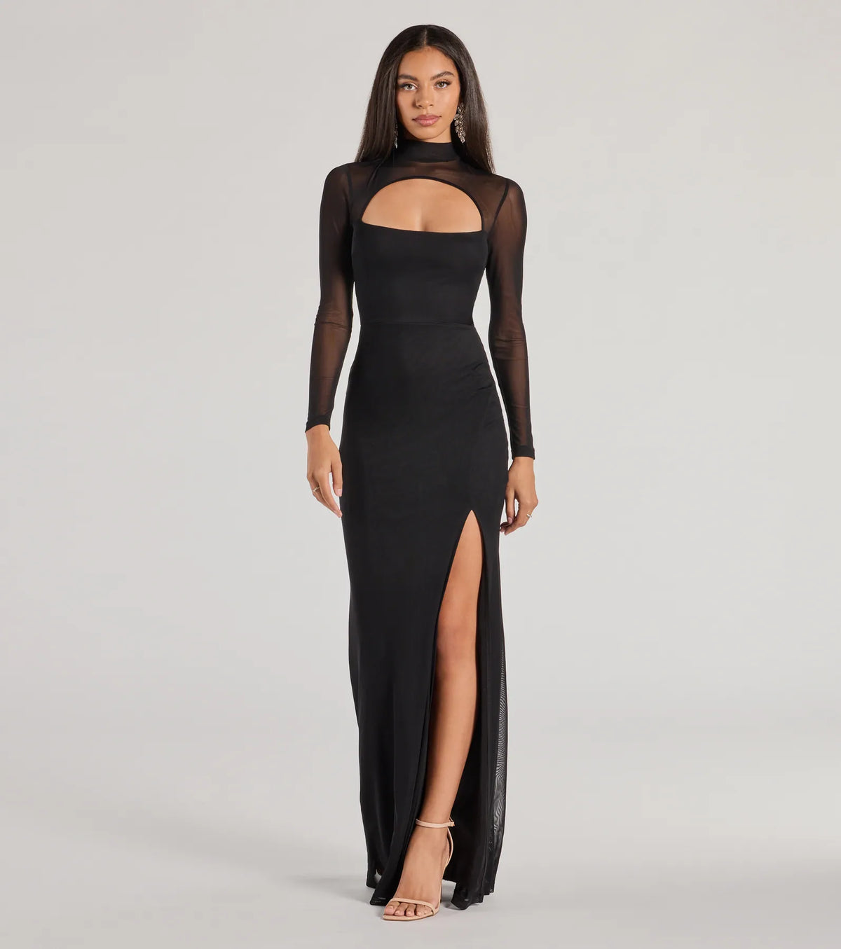 Linnea Sheer Mesh Mock Neck Cutout Mermaid Dress