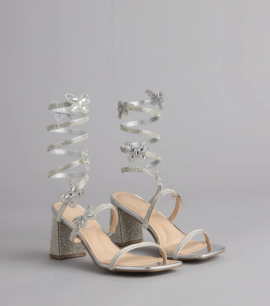 Flutter Up Rhinestone Spiral Strap Heels