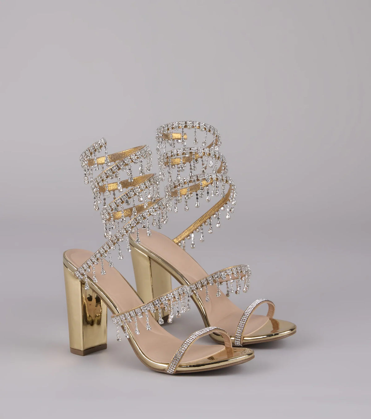 Keep It Gorgeous Rhinestone Spiral Block Heels