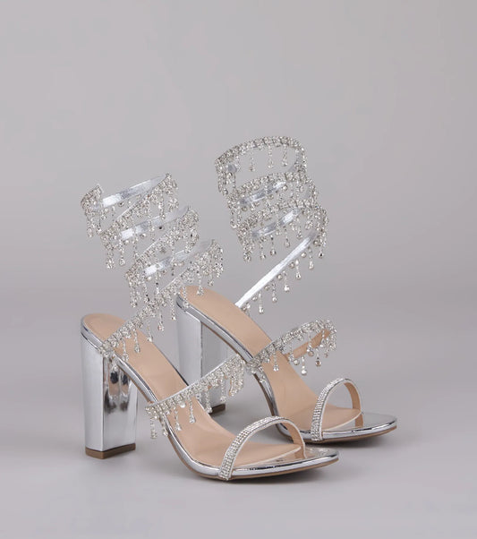 Keep It Gorgeous Rhinestone Spiral Block Heels