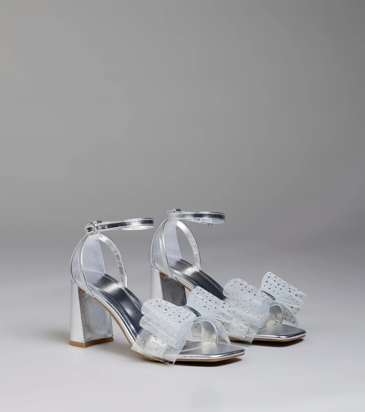 Fancy Looks Rhinestone Bow Metallic Block Heels