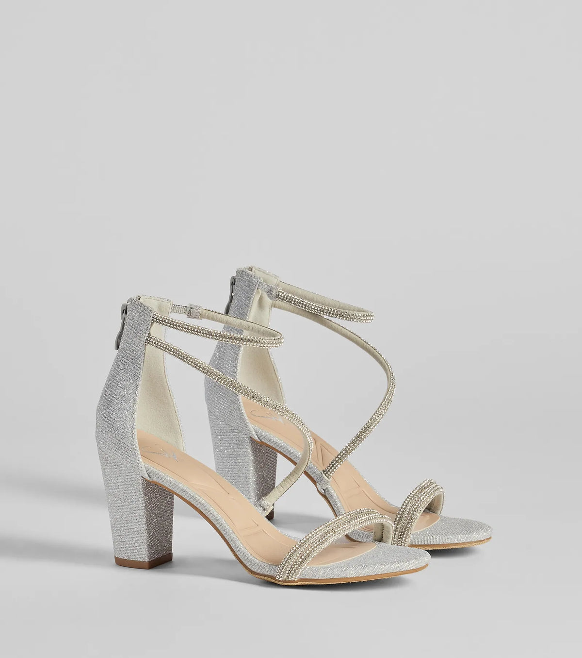 Reigning In Rhinestone Asymmetrical Strap Glitter Heels
