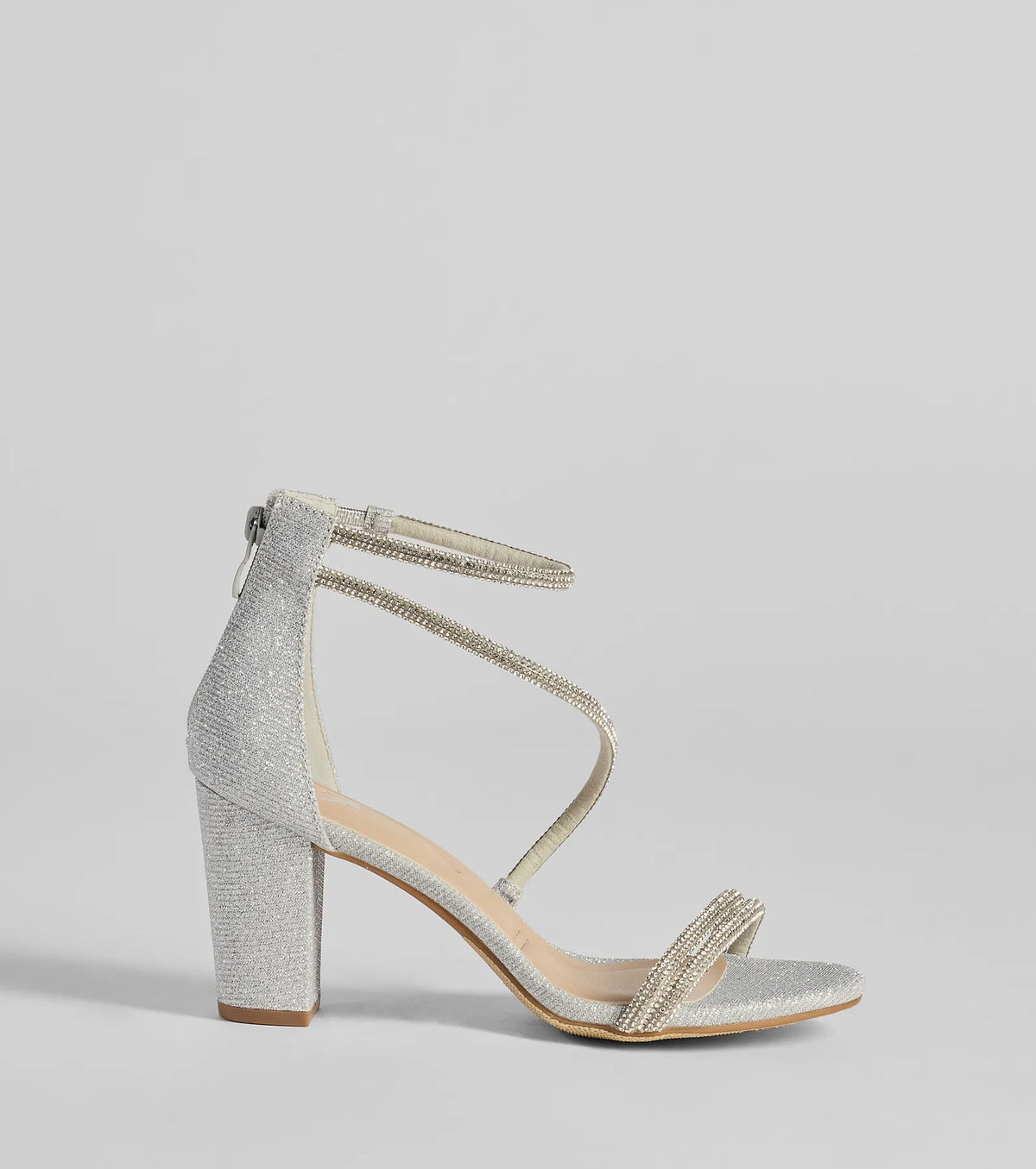 Reigning In Rhinestone Asymmetrical Strap Glitter Heels