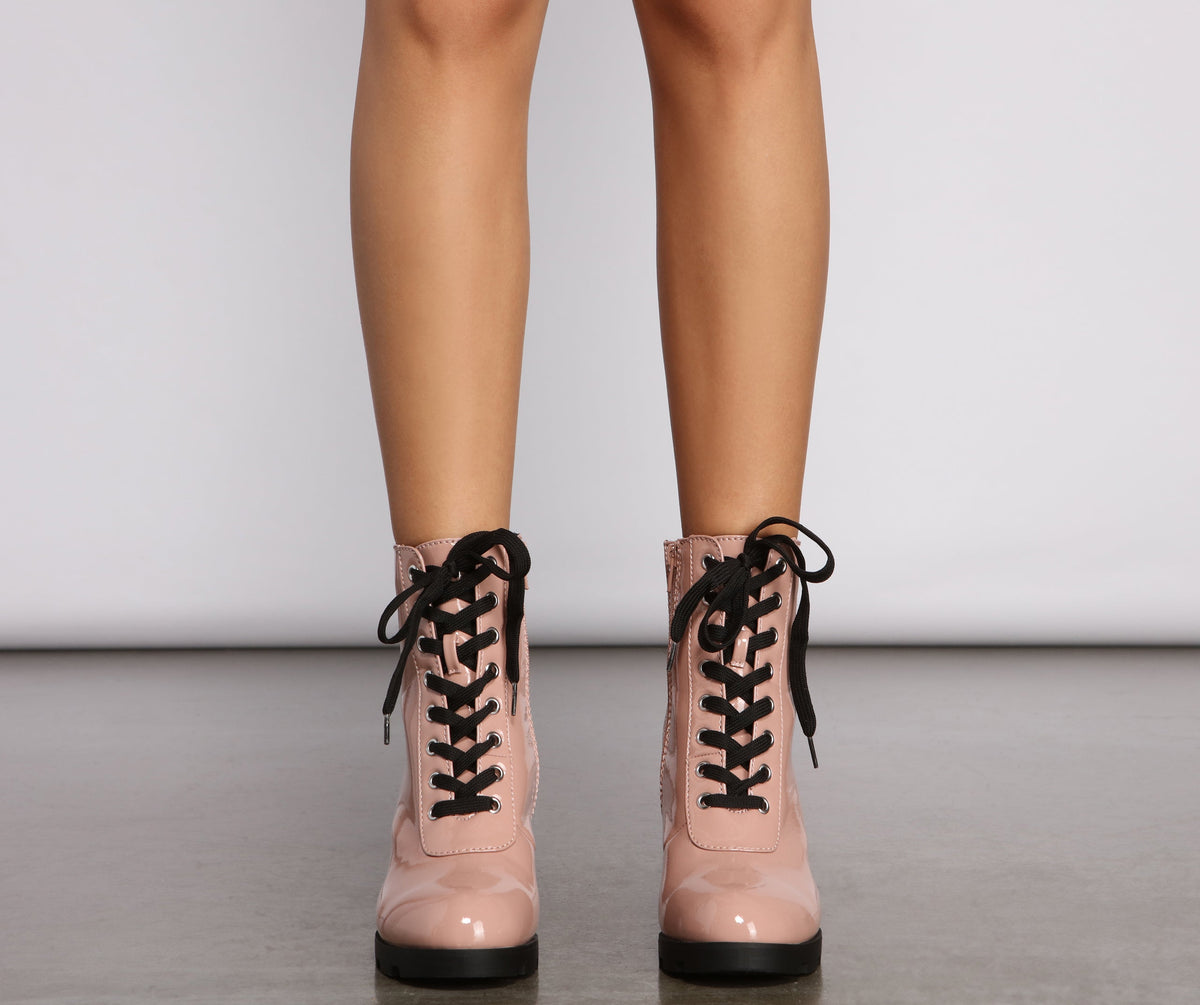 Edgy-Chic Patent Faux Leather Block Heel Booties