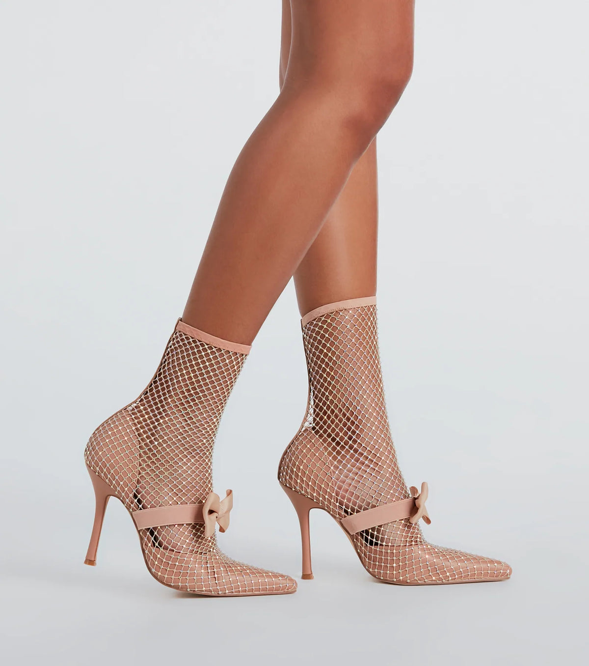 Model Strut Rhinestone Fishnet Stiletto Booties