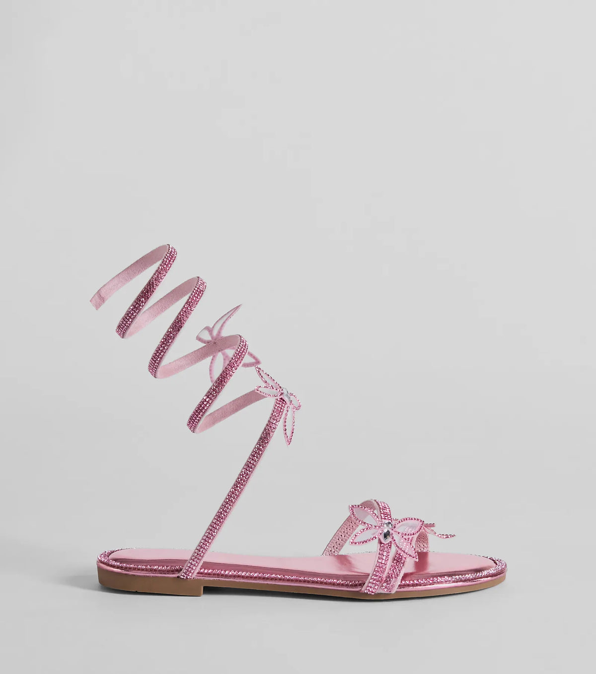 Perfectly Glam Rhinestone Butterfly Spiral Strap Sandals