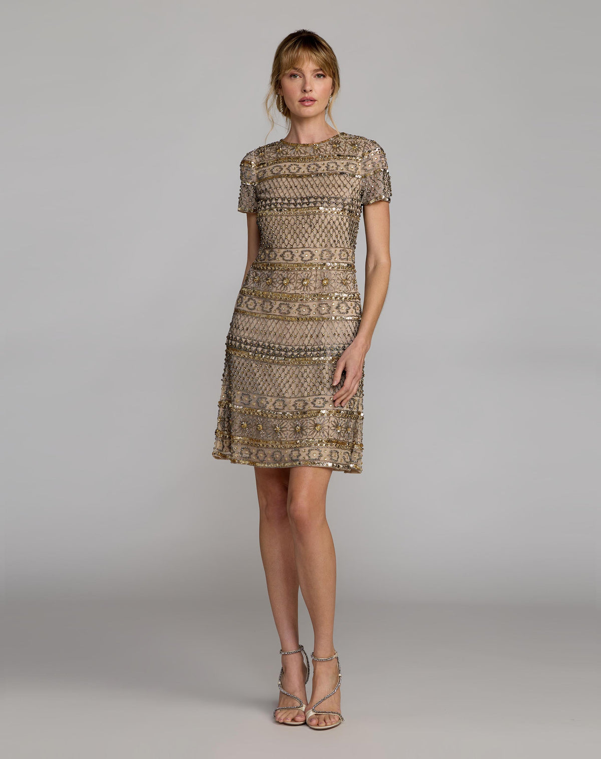 Gold Short Sleeve Embellished Mini Dress