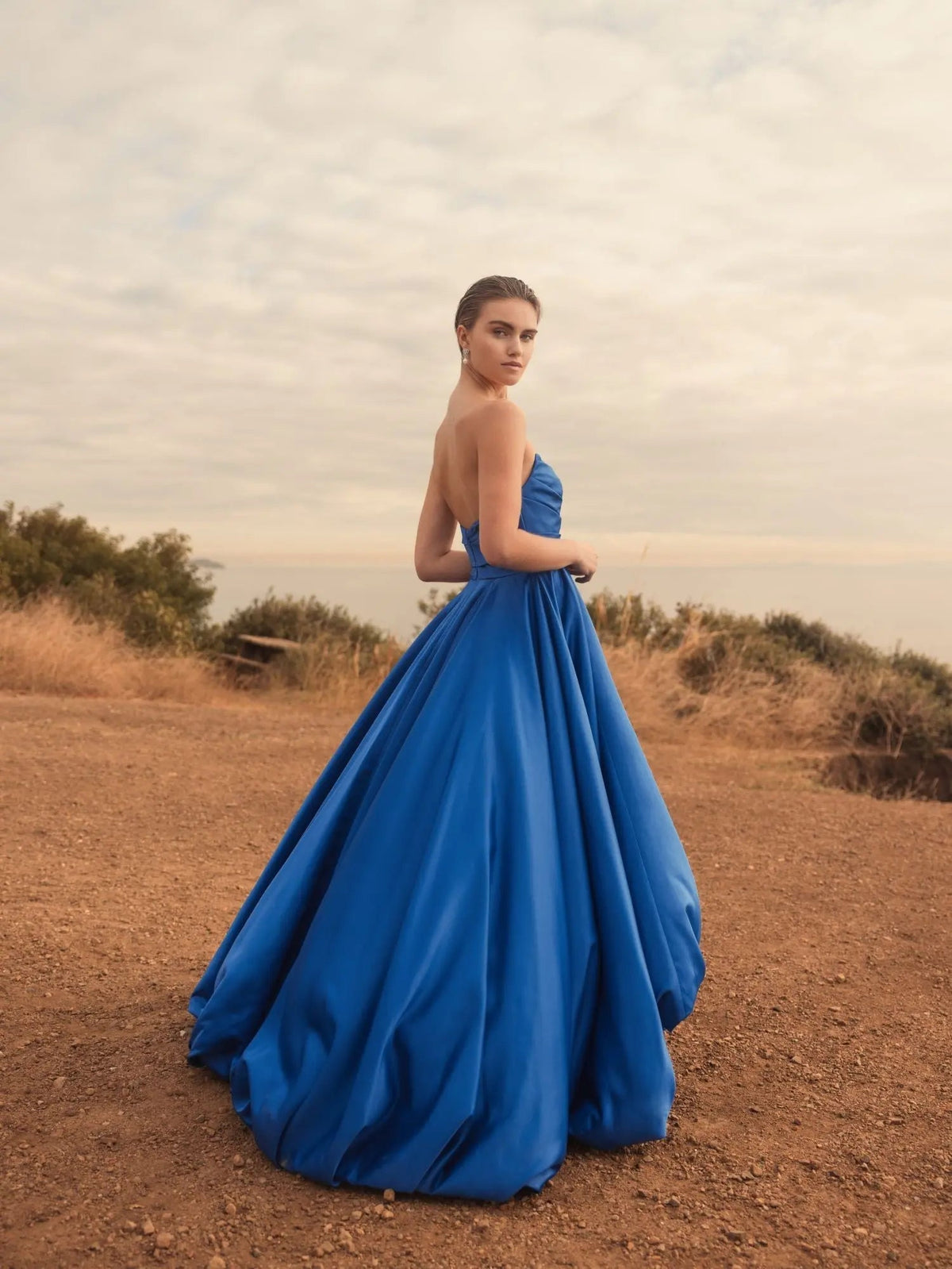 Blue Strapless Ruched High Low Gown