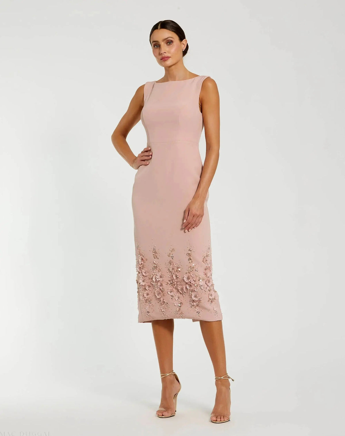 Crepe Sleeveless Midi Dress With Flower Beading