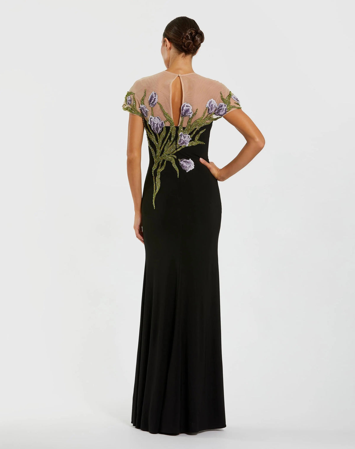 Black High Neck Floral Embroidered Jersey Gown