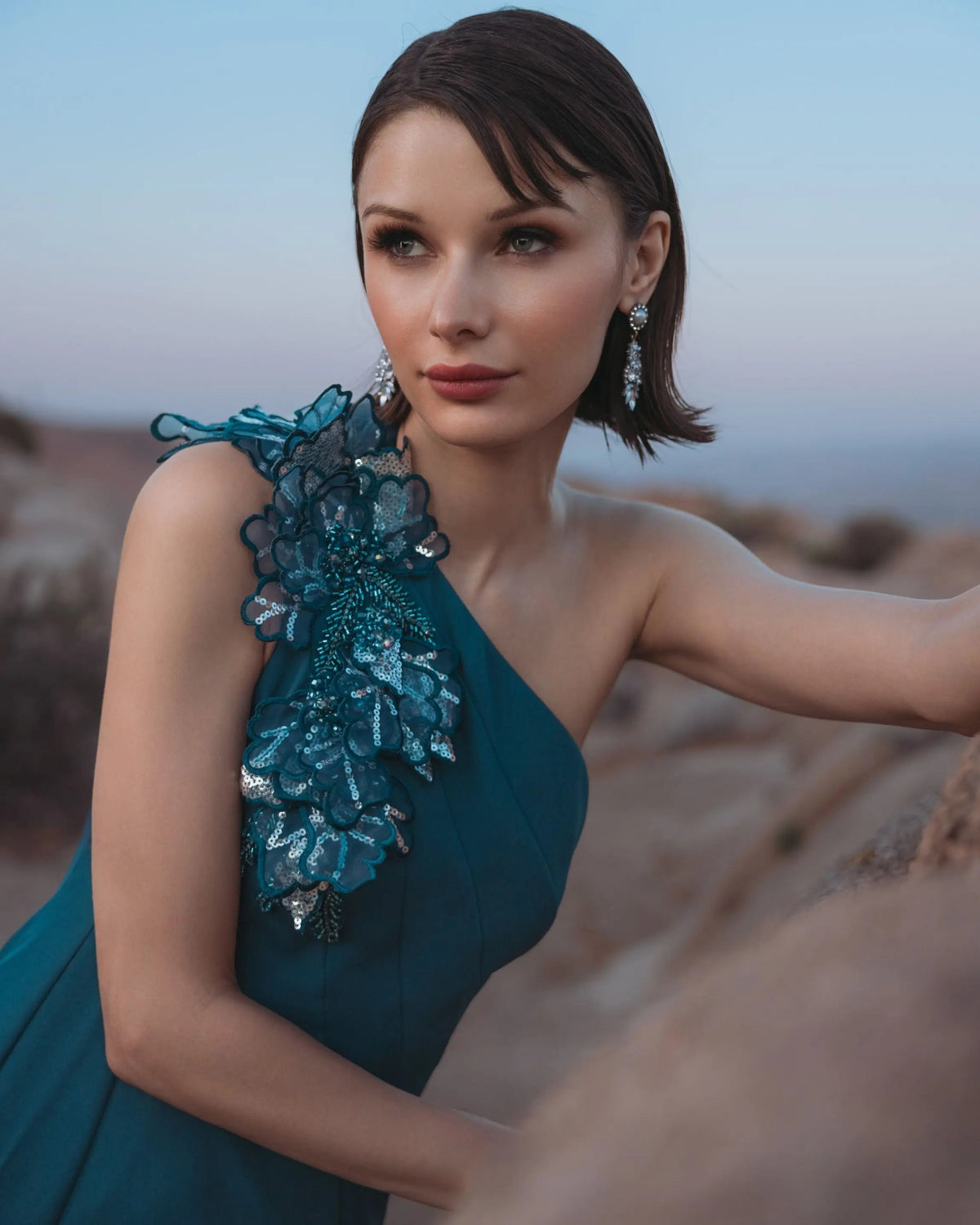 Blue One Shoulder Mermaid Gown with 3D Flowers