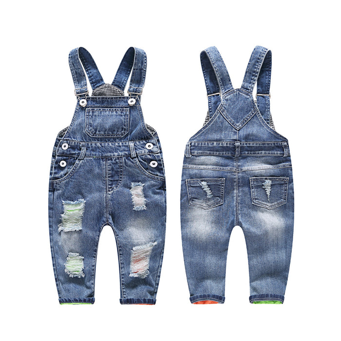 12M-5T Baby Twin Color Lining Ripped Denim Overalls