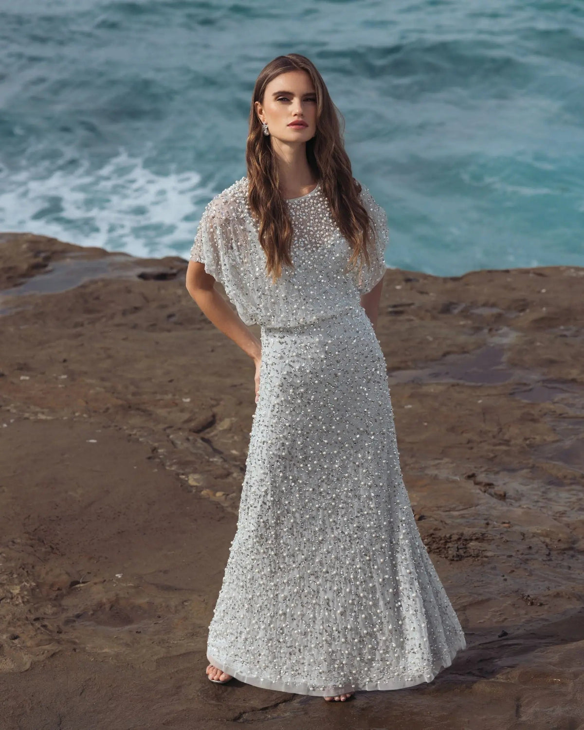 Blue High Neck Short Sleeve Embellished Gown