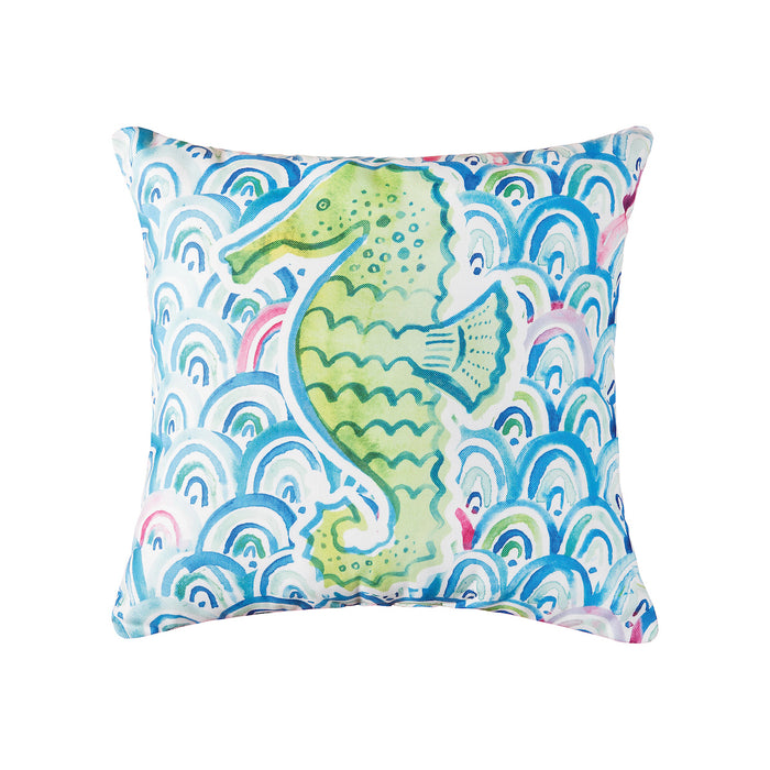 A 18in. x 18in. Mermaid Garden Seahorse Indoor Outdoor Pillow.