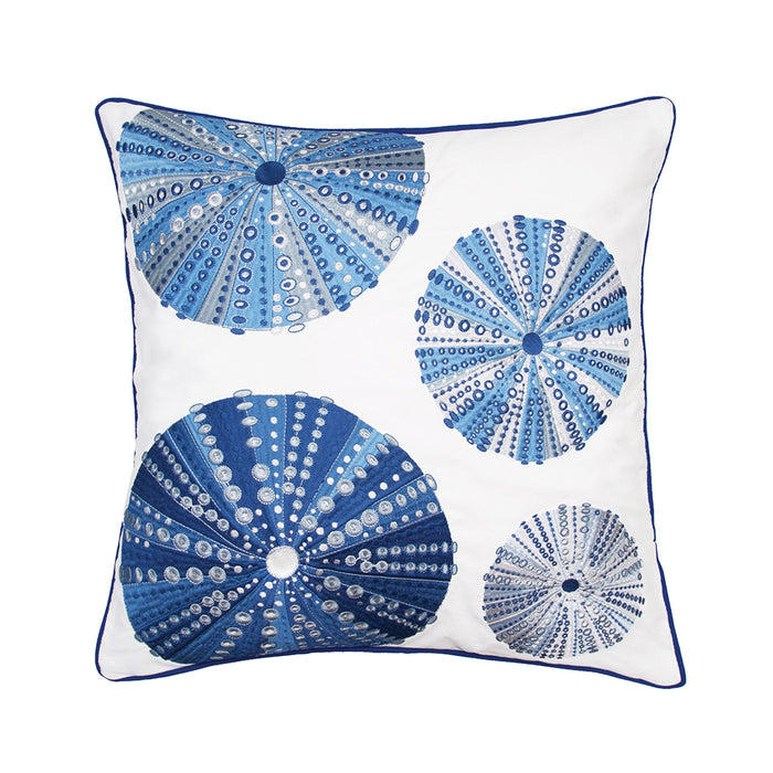 A 20in. x 20in. Blue Sea Urchin Embroidered Indoor Outdoor Pillow.