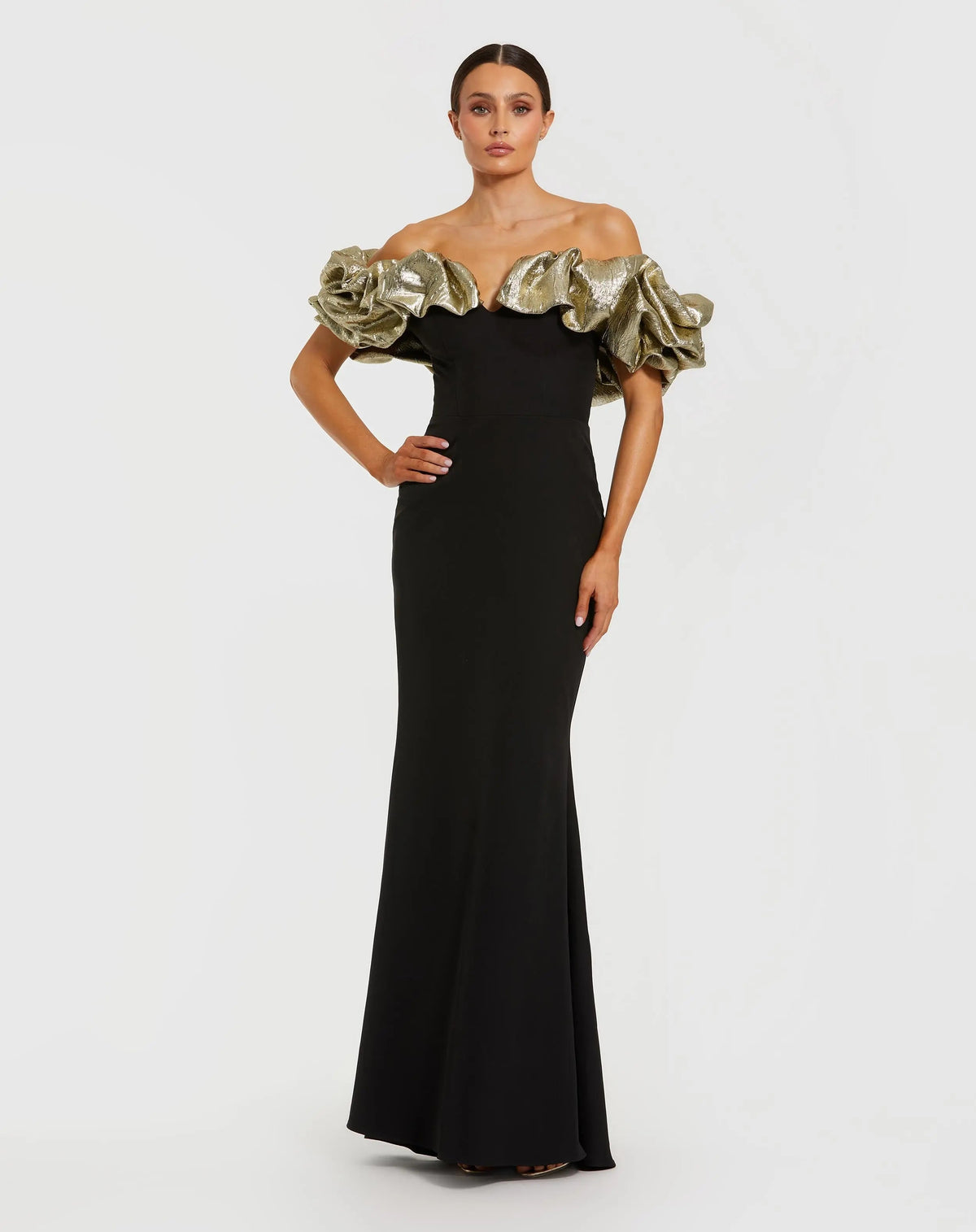 Black Mermaid Gown With Off The Shoulder Ruffle Detail