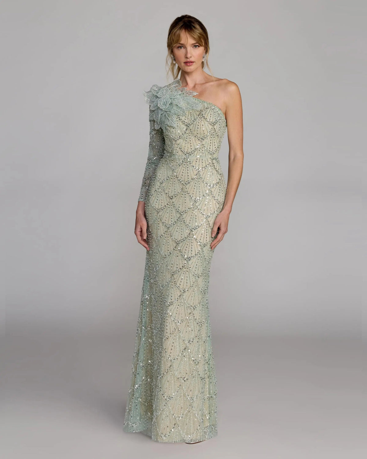 Green One Shoulder Embellished Gown With Floral Accent