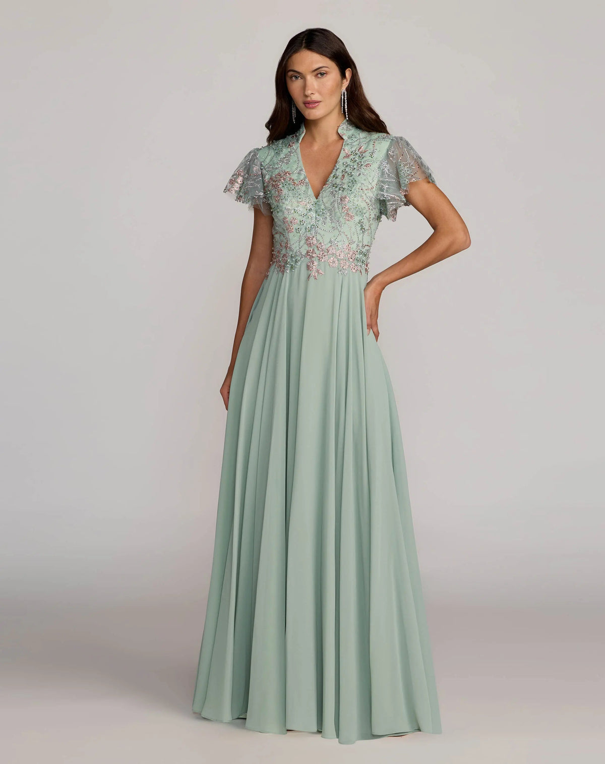 Green Embroidered Flutter Sleeve V Neck Gown