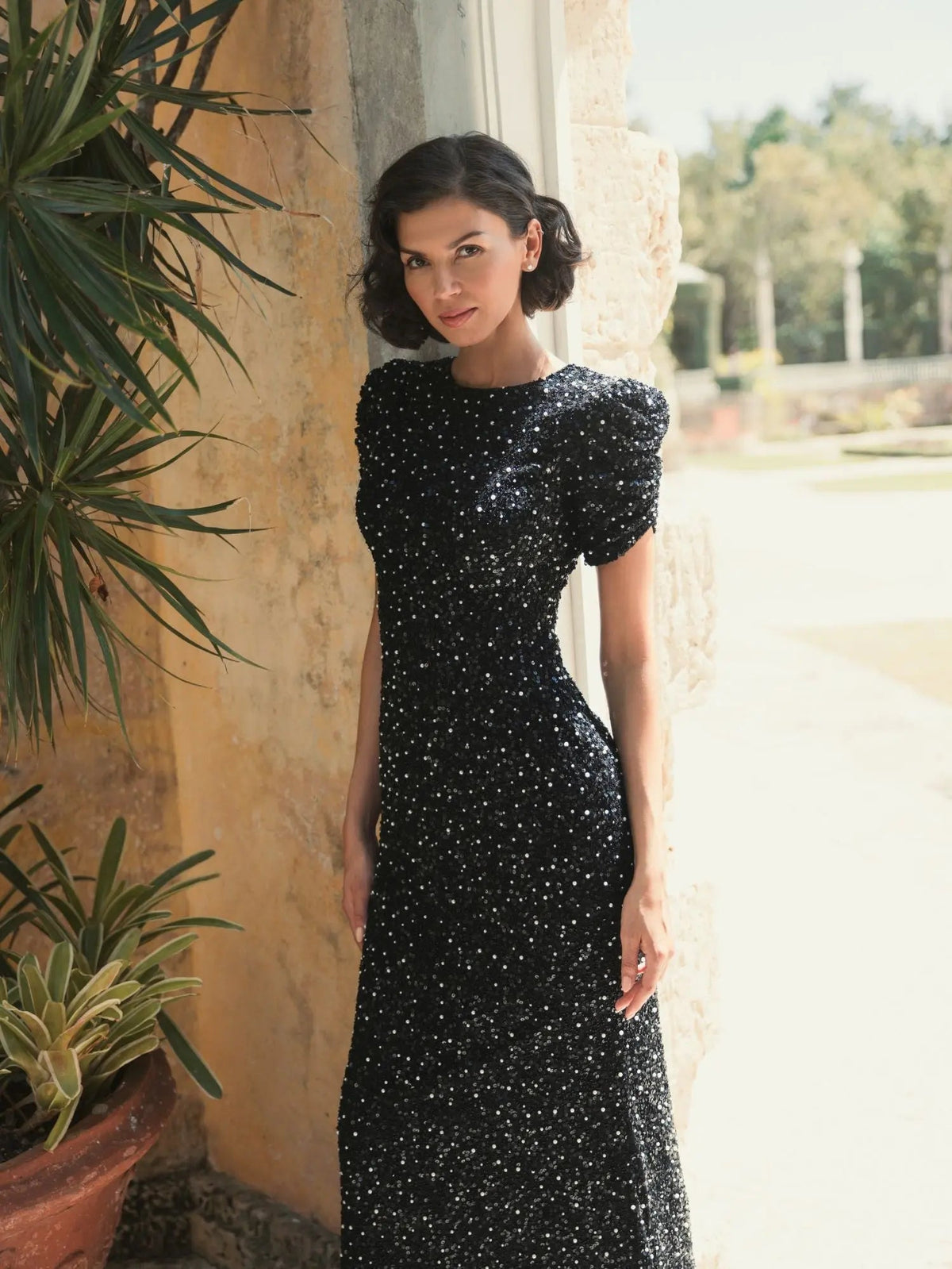 Black Gathered Short Sleeve Embellished Gown