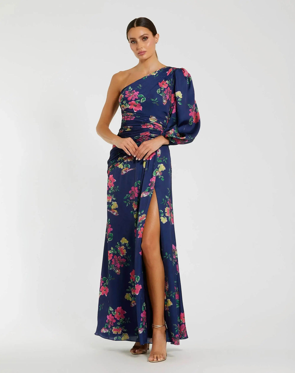 Navy Floral One Shoulder Charmeuse Gown With Slit