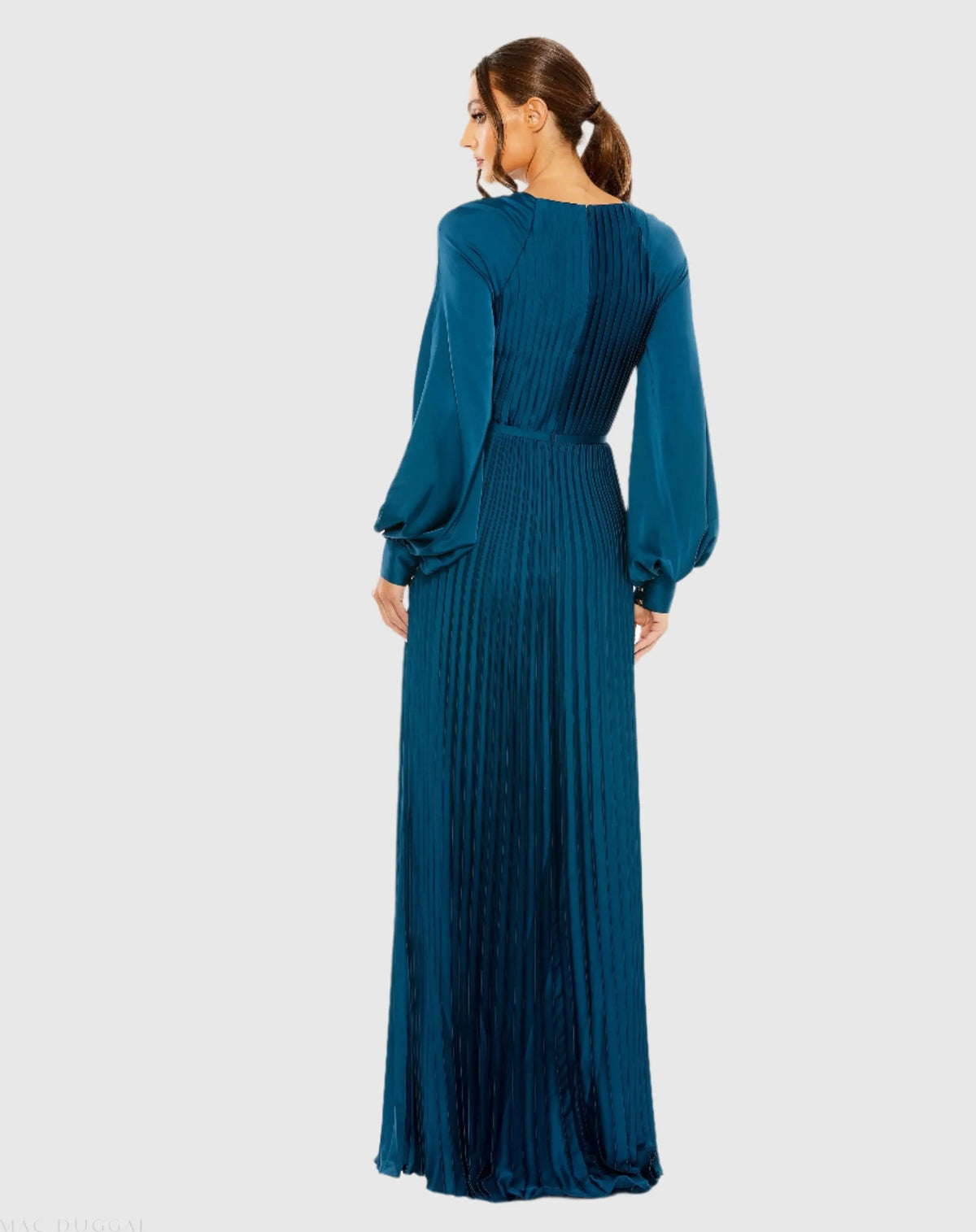 Blue Pleated High Neck Long Sleeve Gown with Slit