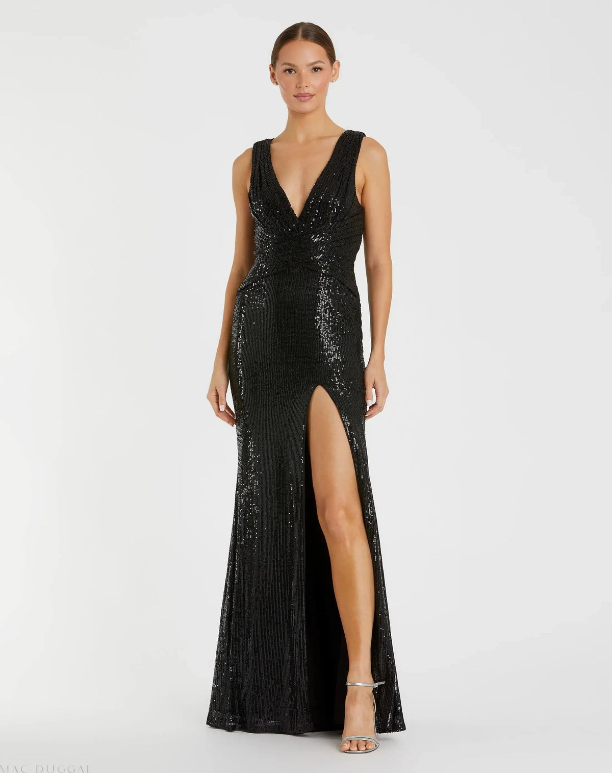 Black V-Neck Sequin Wrap Waist Gown