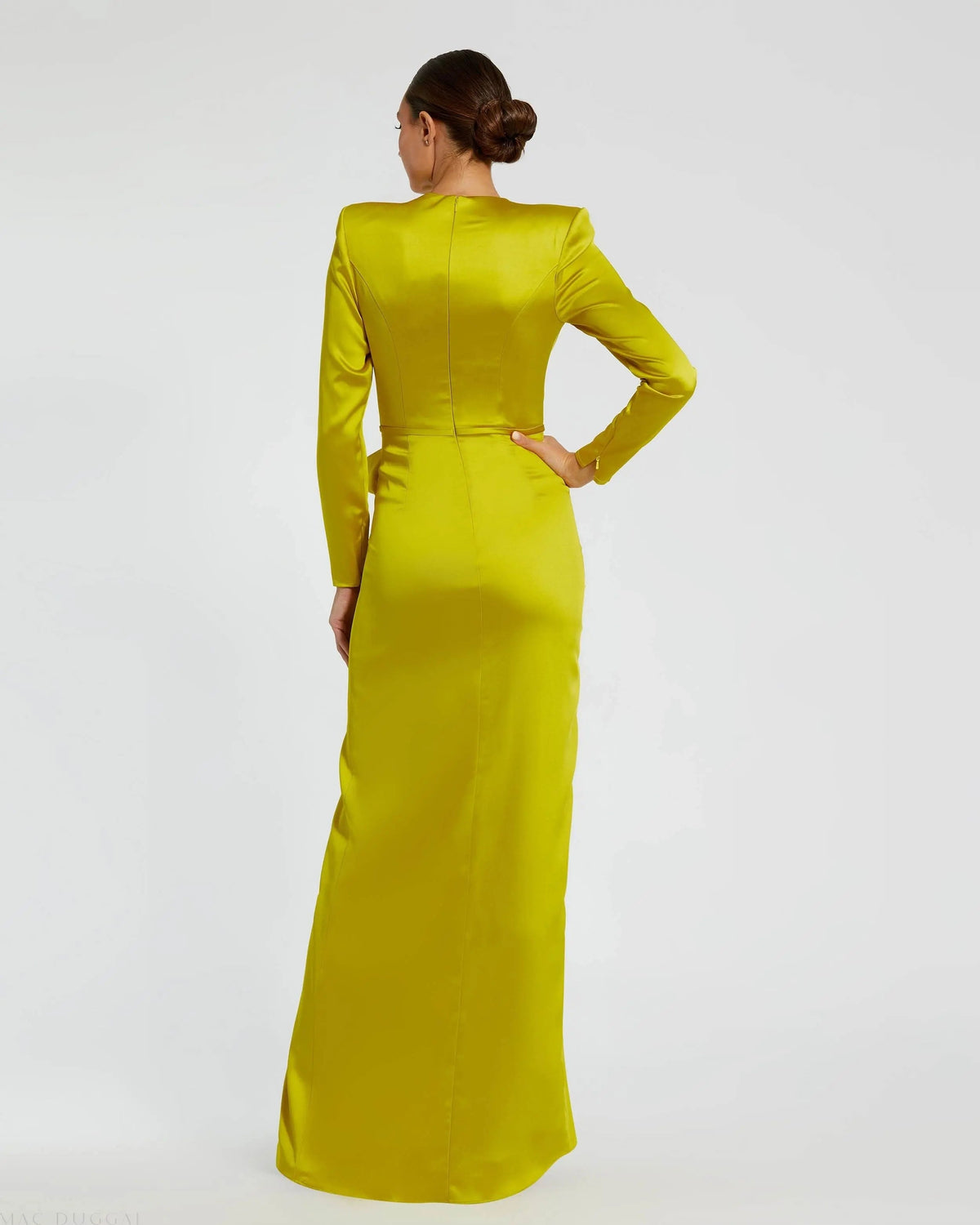 Green Long Sleeve Satin Structured Bow Draped Column Gown