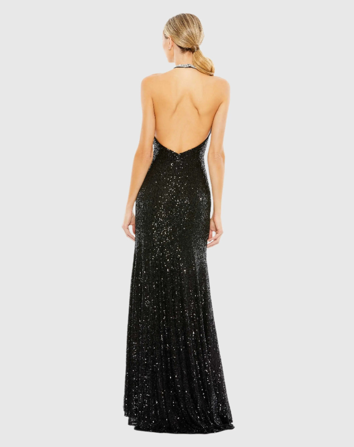 Black Sequined High Neck Rhinestone Trim Column Gown