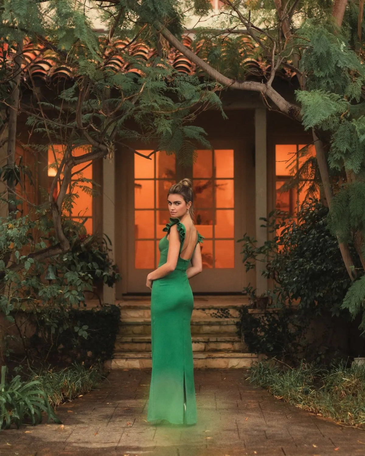 Green Ruffle Cap Sleeve Open Back Column Gown